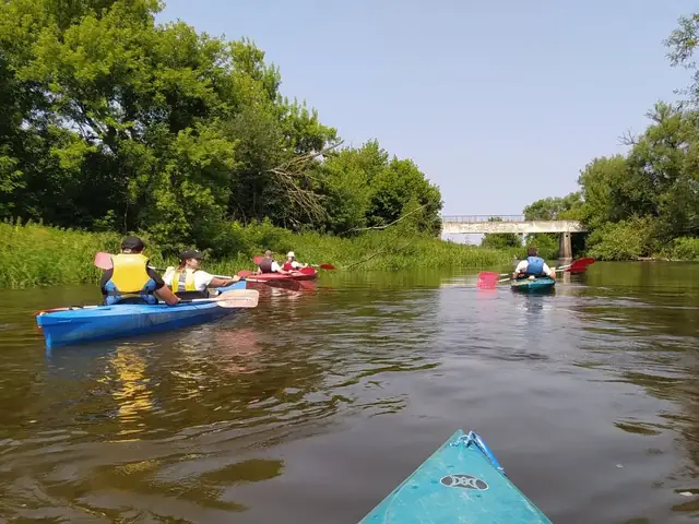 Spływ kajakowy rzeką w okolicy Weles, widok z kajaka