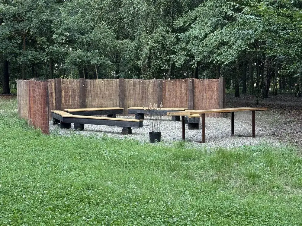 Miejsce na ognisko otoczone drewnianymi ławami, na skraju lasu